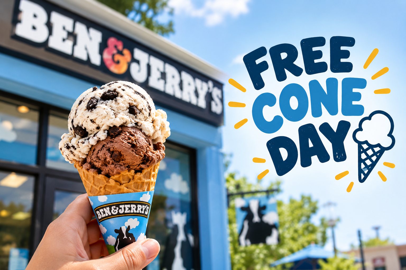 A hand holding a two-scoop waffle cone in front of a Ben & Jerry's scoop shop, with the words Free Cone Day.