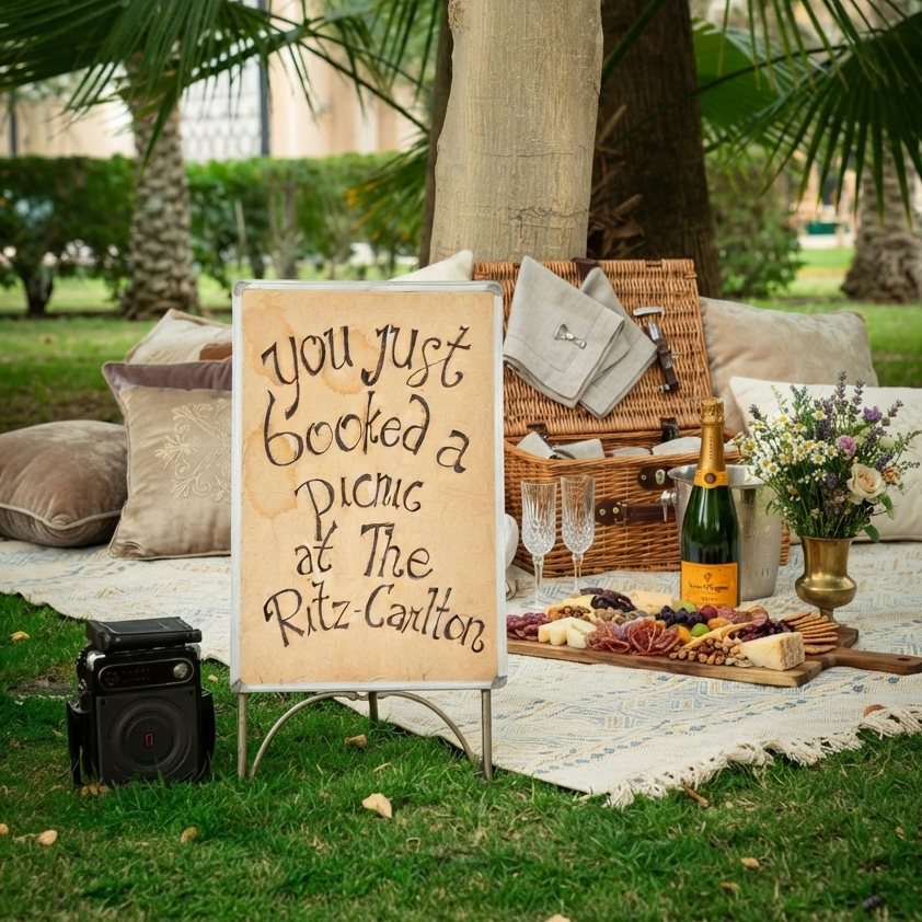 A picnic set up under palm trees with a hand-lettered sign reading You just booked a picnic at The Ritz-Carlton, plus champagne, a wicker basket and a cheese board.