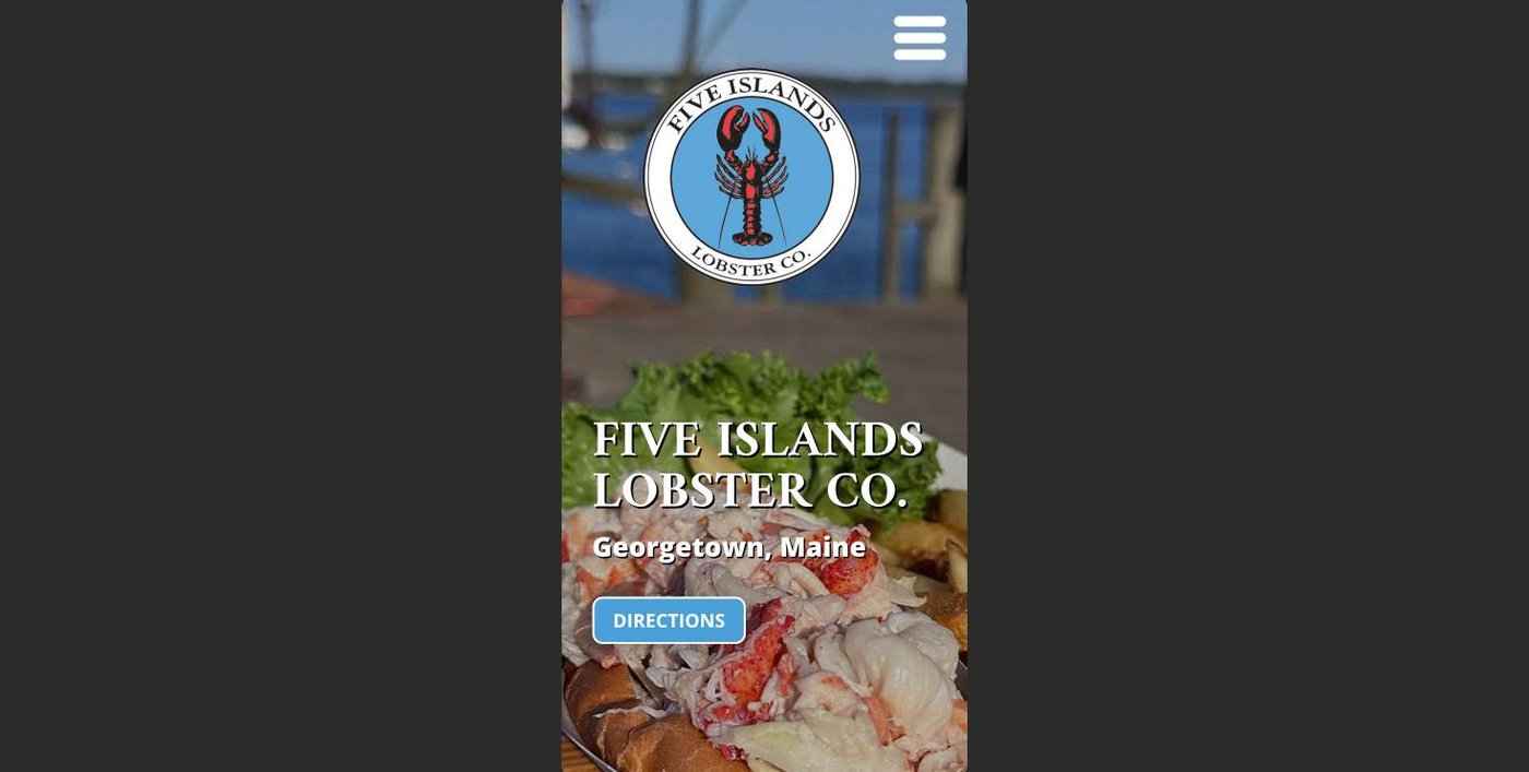 Screenshot: The Five Islands Lobster Co. homepage on a phone-sized screen, September 2026.